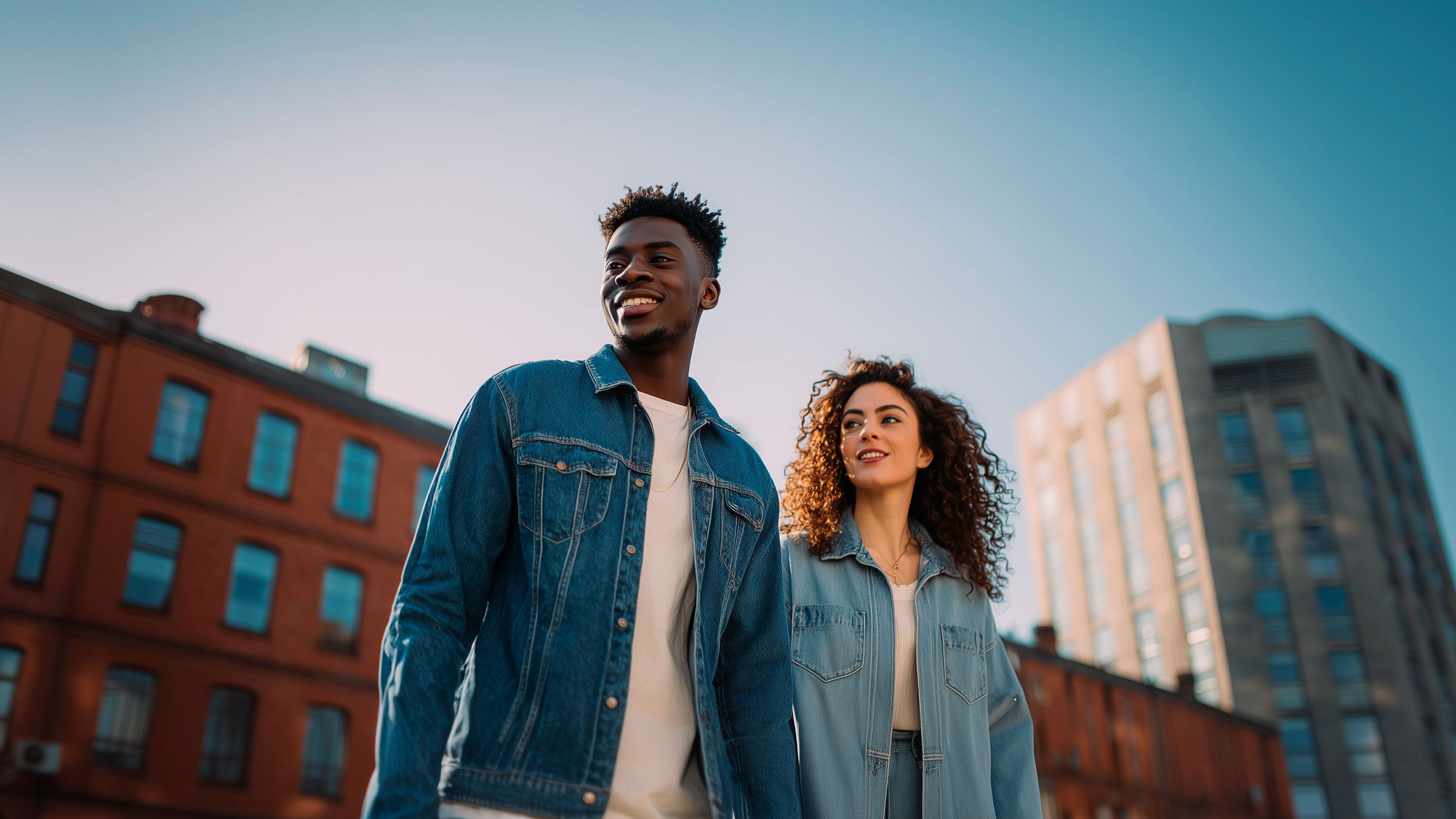 Dve osoby stoja von pred budovami, obidvaja oblečení v džínsových bundách. 