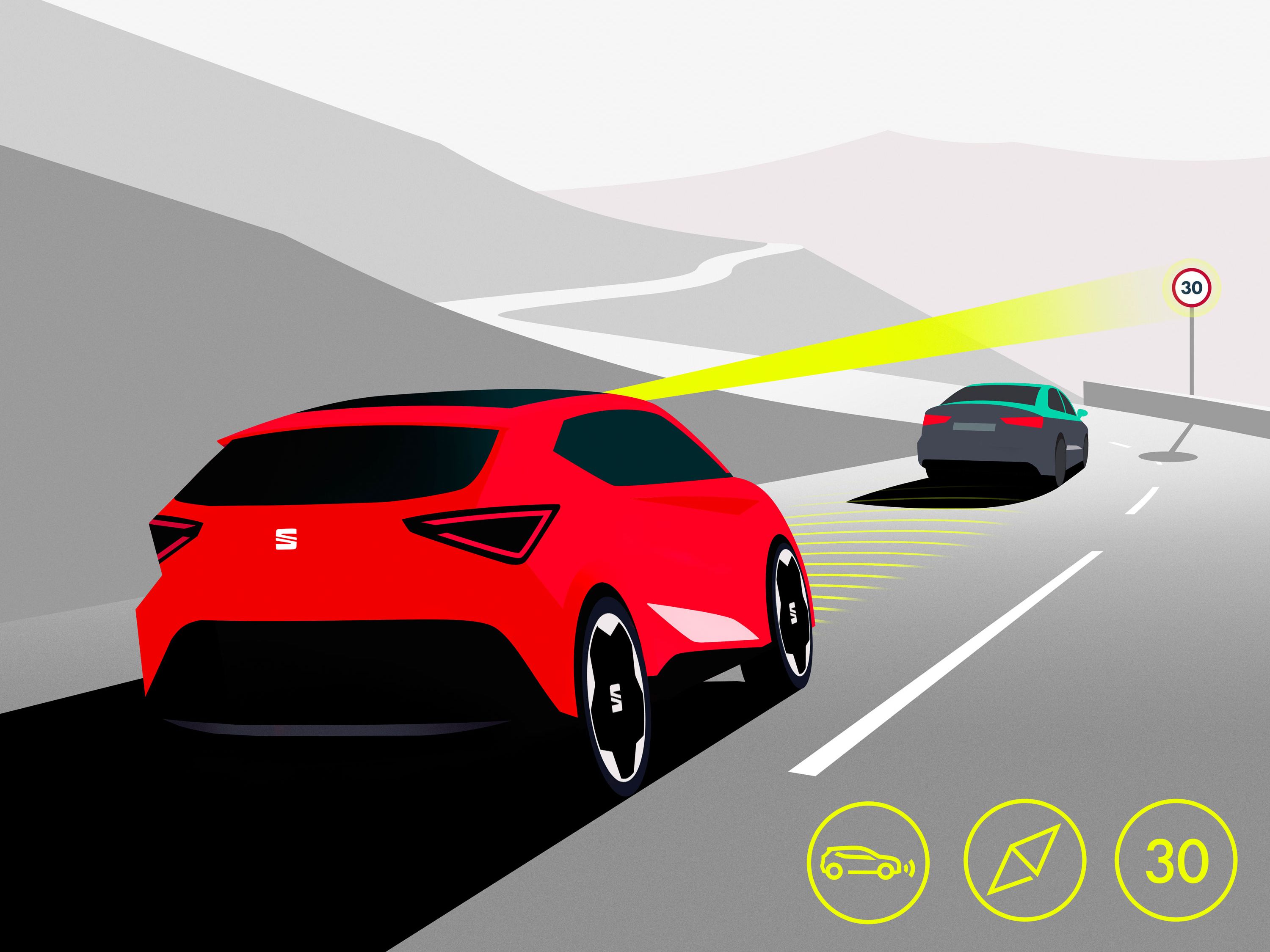 Auto aktivuje adaptívny tempomat, sleduje vozidlo pred sebou a upravuje svoju rýchlosť podľa cesty so značkou obmedzenia rýchlosti na 30 km/h.