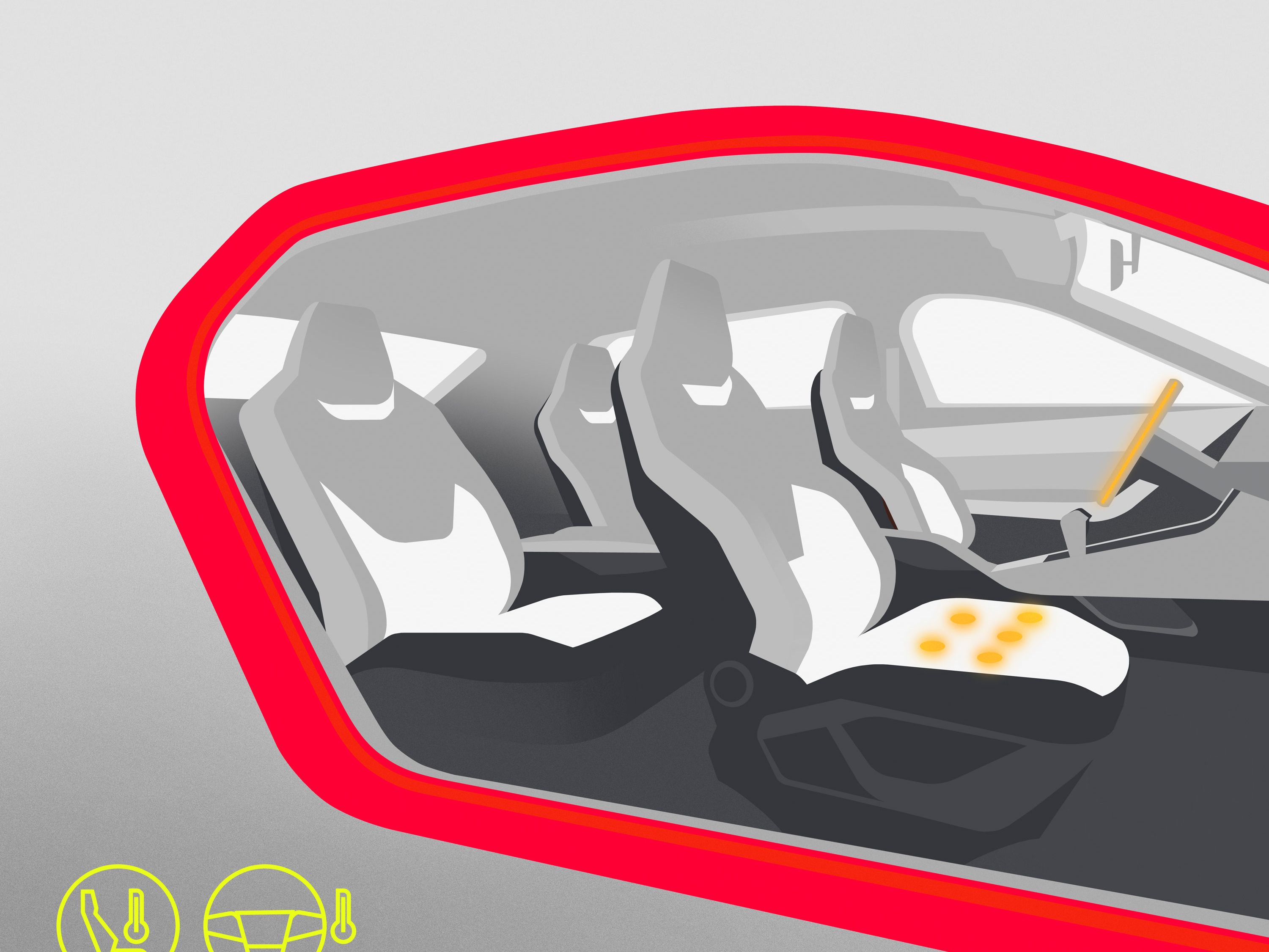 Interiér automobilu s pohodlnými sedadlami, stredovou konzolou a jasne červeným rámovaním. Žlté symboly znázorňujú nastavenie vyhrievania a ventilácie sedadiel.
