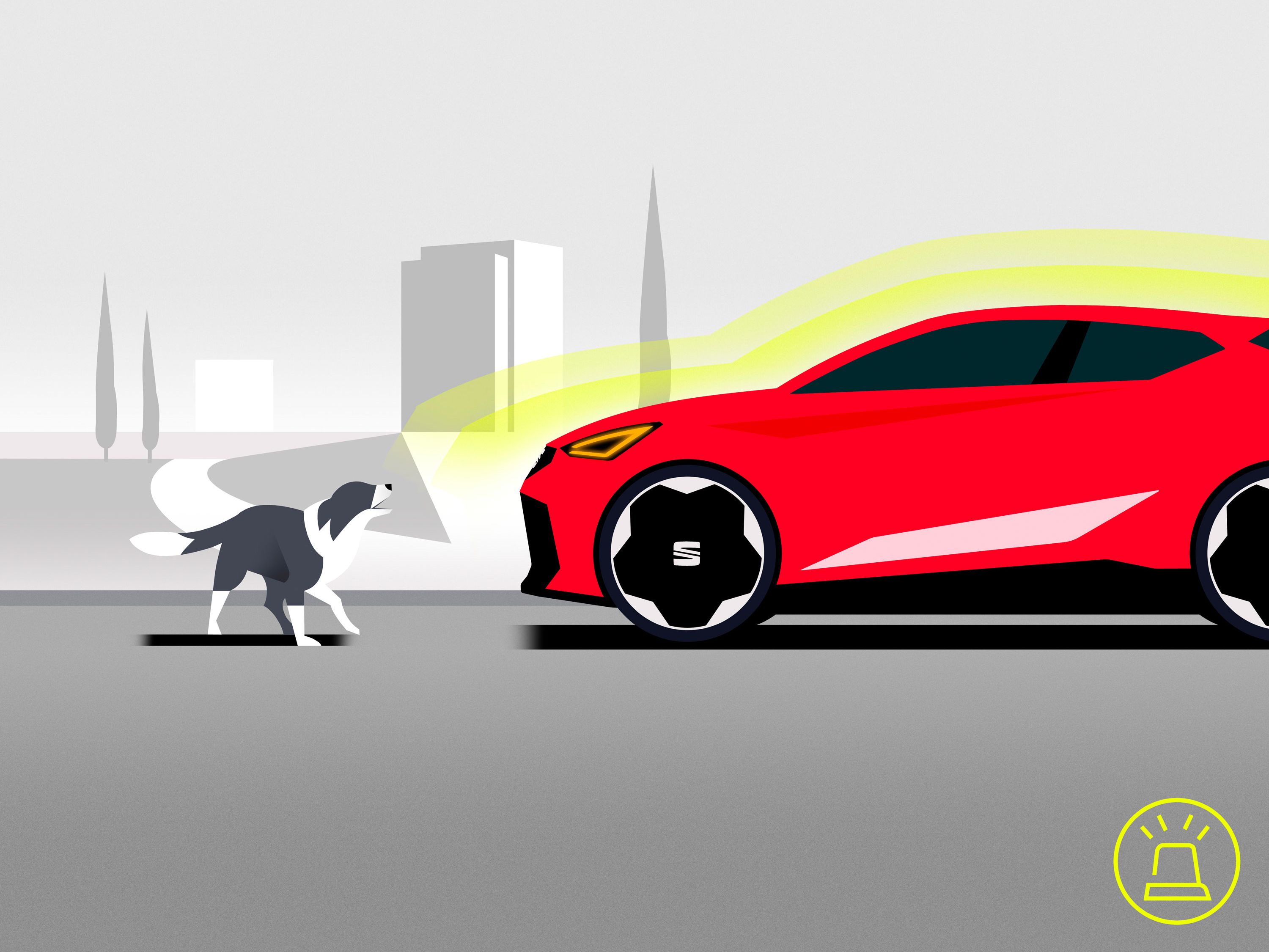 Na obrázku je červené auto, ktoré sa stretlo s psom na ceste. Pozadie je minimalistické, zobrazujúce siluety budov a stromov. Prvok blikajúceho svetla označuje potrebu zvýšenej pozornosti.